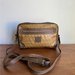 FENDI Vintage Tan and Brown leather trim shoulder purse monogram logo bag